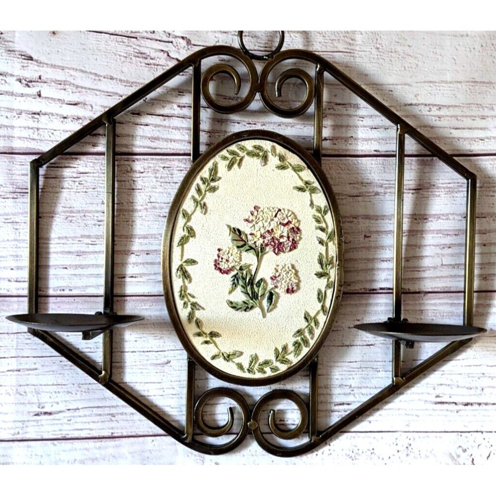 VTG Laura Ashley Brass Wall Candle Sconce Earthenware Hydrangea Cottage 15*15"